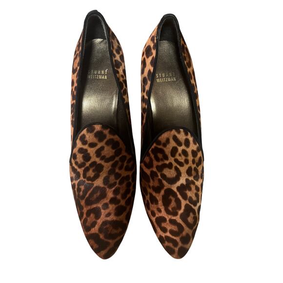 Stuart Weitzman Leopard Calf Hair Gold Block Heel Loafer Pumps 10.5M